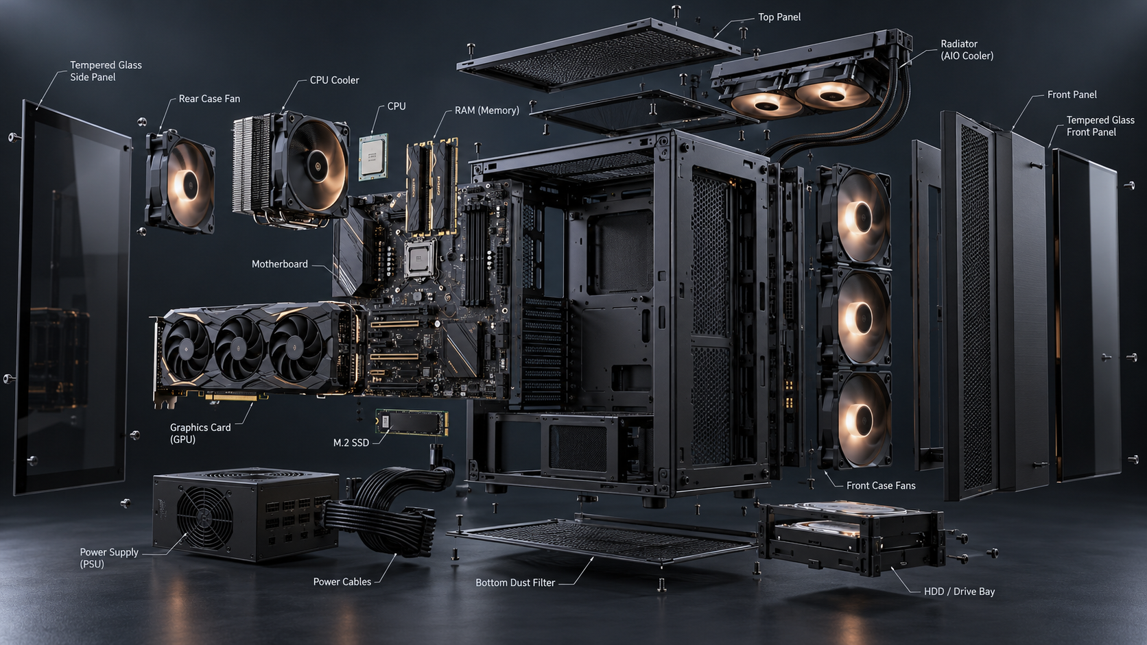 Exploded view showing desktop computer components