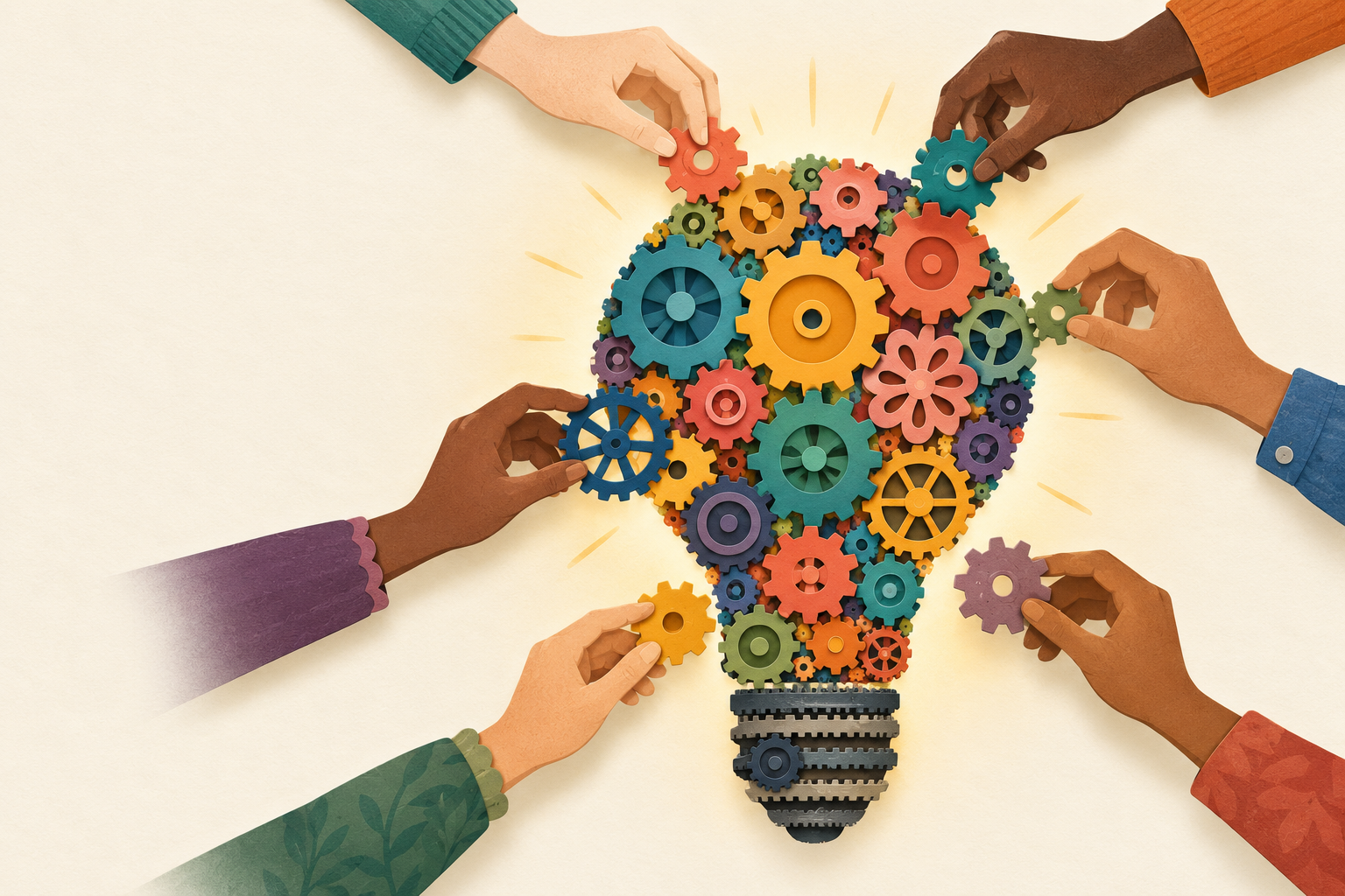 A team working together to connect colorful gears into a light bulb